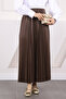 Brown Elastic Waist Pleated Skirt - 2