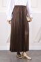Brown Elastic Waist Pleated Skirt - 3