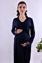 Cotton Piece Maternity Nightgown Set with Dressing Gown and Breastfeeding Feature Effortt - Navy Blue - 7