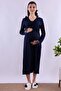 Cotton Piece Maternity Nightgown Set with Dressing Gown and Breastfeeding Feature Effortt - Navy Blue - 6
