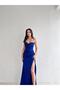 Corset-Shaped Back Low-Cut Deep Slit Thin Strap Midi Blue Dress