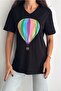 Women's Black V-Neck Large Size Balloon Sequin Sequin Embroidered 100% Cotton T-Shirt - 4