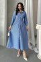 Women's Striped Buttoned Neck Paneled Elastic Waist Long Dress