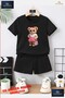 Children's Teddy Bear Pink Bag Special Printed Crew Neck T-Shirt - Shorts Set