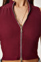 Women's Burgundy Zippered Corded Crop Blouse Kh00100 - 3
