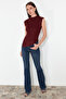Bordo Dik Yaka Büzgü/Drape Detaylı Fitted/Vücuda Oturan Asimetrik Örme Bluz TWOSS24BZ00534 - 6
