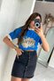 Women's Blue Vintage Lace Detailed Printed T-Shirt - 4