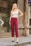 Women's High Waist Front Stitched Waist Epaulette Buttoned Pipe Leg Lightweight Lycra Fabric Trousers-Burgundy - 6