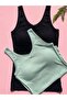 Women's 2-Piece Modal Camisole Tank Top Set – Wide Straps, Back Detail, Fixed Padding (Green & Black)