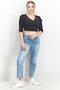 Women V-neckline Long Sleeve Plain Top, Black - 4