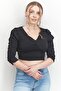 Women V-neckline Long Sleeve Plain Top, Black