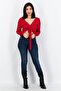 Women Tie Neck Long Sleeve Ribbed Wrap Top, Red - 3