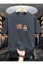 Unisex Anthracite Brown and Teddy Bear Printed Oversize Cotton Summer Breathable Casual Stylish T-Shirt