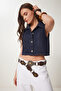 Polo Neck Crop Denim Vest Dark Blue Lus0107 - 2