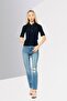Women Spread Collar Short Sleeves Knitted Sweater, Navy - 3