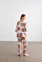 Women's Camel-White Floral Patterned Kimono Shirt Pants Set - 7