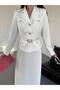 Women's Belted Gold-Buttoned Premium Jacket and Pleated Long Skirt Suit - 4