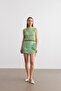 Women's Green Flower Pattern Pleated Tank Top with Waist Tie Mini Skirt Suit - 2