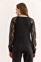 Women's Black Sleeve Flocked Tulle Detailed V-Neck Viscose Blouse Blz-19002935 - 6