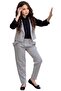 Girl's Silver Button Detailed Vest Gabardine Black Shirt Gray Bottom Top Set - 6