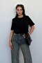 Black 100% Cotton Padded Oversize Women's T-Shirt Mg2442 - 3