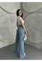 Women's High Waist Drawstring, Waist Tassel Leg Tasseled Blue Snow Wash Palazzo Jean - 6