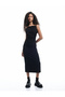 Square Neck Draped Midi Dress with Rope Straps and Slit