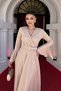 Crepe Fabric Sleeves Flywheel Detailed Maxiboy Evening Dress - Mink - 3