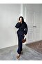 Women's Navy Blue Oversized Belted Denim Jacket Jeans Set