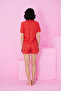 Red Black Heart Pattern Pointel Openwork/Hole Shirt Collar Knitted Button Shorts Suit - 3