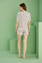 Beige Color Heart Printed Ribbed Camisole Knitted Buttoned Shirt Collar Shorts Set - 3