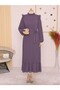 Purple Tie Waist Elastic Sleeve Skirt Piece Chiffon Dress
