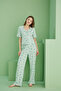 Green Heart Printed Ribbed Camisole Knitted Buttoned Shirt Collar Pajama Set - 3