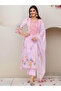 Printed V-Neck Kurta and Trousers with Dupatta Set