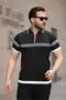 Black Striped and Zipper Detailed Polo Collar Knitwear Short Sleeve T-Shirt 2512