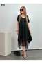 Women's Short Sleeve Round Tulle Asymmetric Detail Viscose Dress - 4