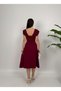 Women's Burgundy Square Neck Pearl Detailed Midi Evening Dress - 5