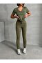 Women's Haki Thsirt Khaki Pocket Elastic Leggings Suit - 5