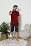 Men's Short Sleeve Capri Collar, Buttoned, Shoulder-Piping, Burgundy Color Pajama Set - 2