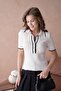 Women's Polo Neck Buttoned Ribbed Short Sleeve Knitwear Blouse - 4