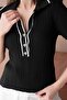 Women's Polo Neck Buttoned Ribbed Short Sleeve Knitwear Blouse - 5