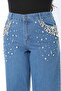 Women's Large Size Blue Stone Embroidered High Waist 5 Pocket Jeans 65N38895 - 7