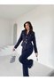 Women's Belted Gold Button Jacket Palazzo Pants Suit - 3