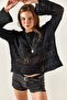Women's Black Tiny Pompom Openwork Cotton Knitwear Blouse BLZ-19002336 - 7