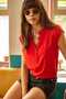 Women's Red V-Neck 4 Button Viscose Blouse BLZ-19000279