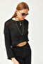 Women's Black Dirty Collar Openwork Crop Cotton Knitwear Blouse BLZ-19002560 - 2