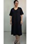 Black V-Neck Short-Sleeved Combed Viscose Dress - 4