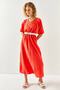 Women's Coral V-Neck Elastic Waist Bat Loose Dress ELB-19001946 - 3