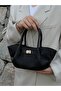 Black Women's Handbag and Shoulder Bag with Drawstring Lock Detail and Adjustable Strap - 2
