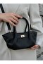 Black Women's Handbag and Shoulder Bag with Drawstring Lock Detail and Adjustable Strap